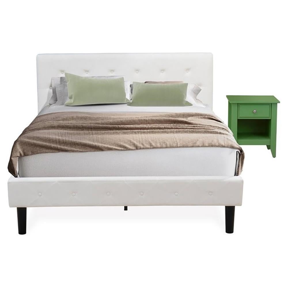 NL19Q-1GA12 2 Piece Bedroom Set - Button Tufted Platform Bed - White Velvet Fabric Upholstered Headboard and a Clover Green Finish Nightstand