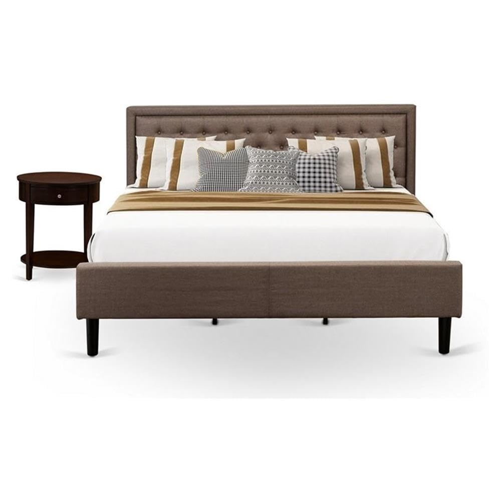 KD18K-1HI0M 2 Pc King Bedroom Set - 1 King Size Platform Bed Brown Linen Fabric Padded and Button Tufted Headboard - 1 Nightstand with Wood Drawer - Black Finish Legs