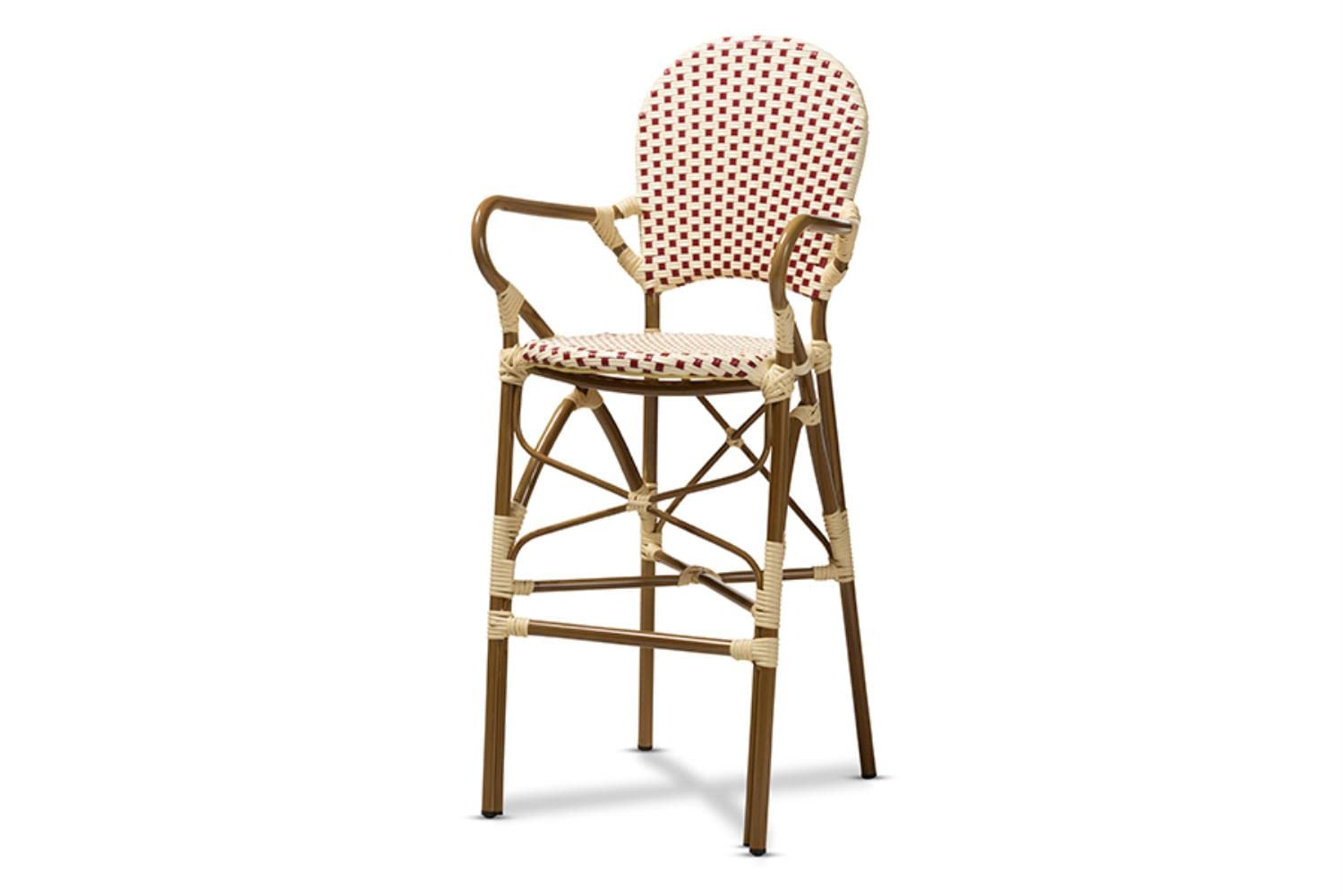 Baxton Studio Marguerite Classic French Indoor And Outdoor Beige And Red Bamboo Style Stackable Bistro Bar Stool
