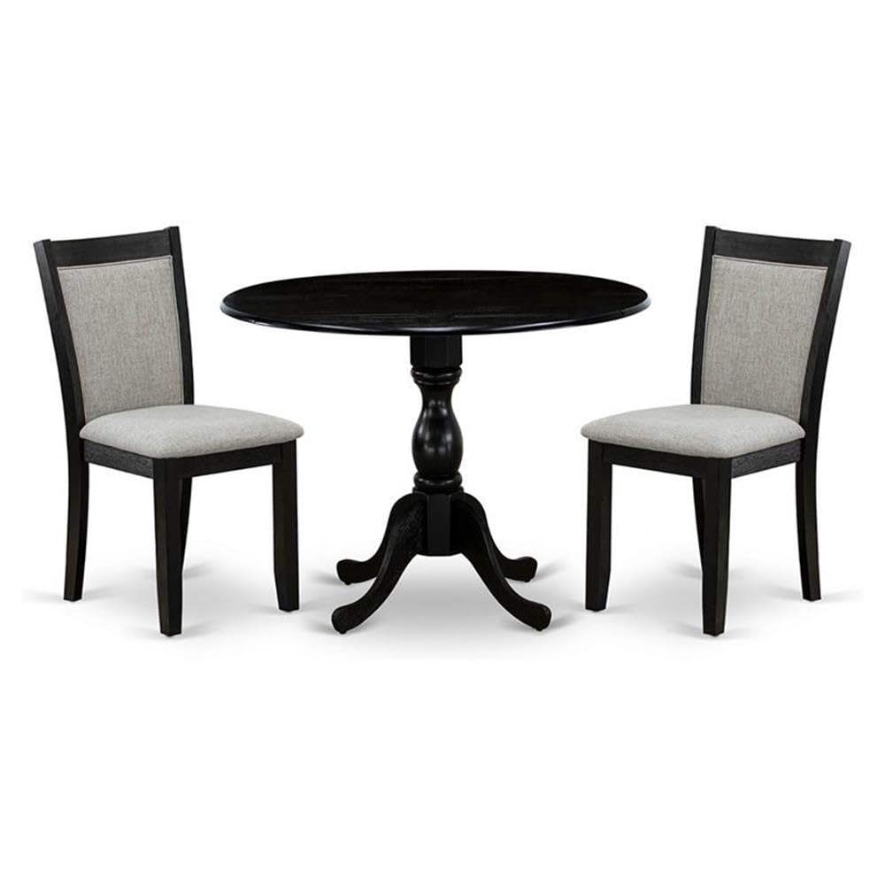East West Furniture 3-Piece Dining Room Set Includes a Modern Dining Room Table with Drop Leaves and 2 Shitake Linen Fabric Parson Chairs - Wire Brushed Black Finish