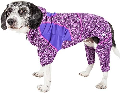 Pet Life  Active Downward Dog Heathered Performance 4-Way Stretch Two-Toned Full Body Warm Up Hoodie, Purple - X-Large
