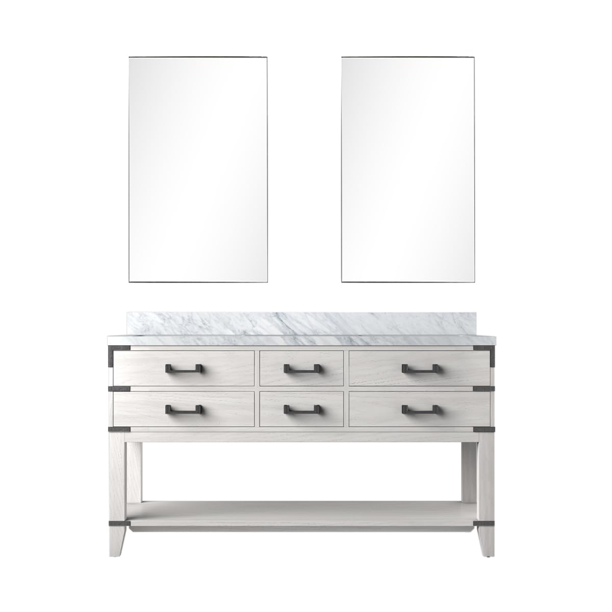 Norwalk 60 in W x 22 in D White Oak Double Bath Vanity, Carrara Marble Top, and 28 in Mirrors