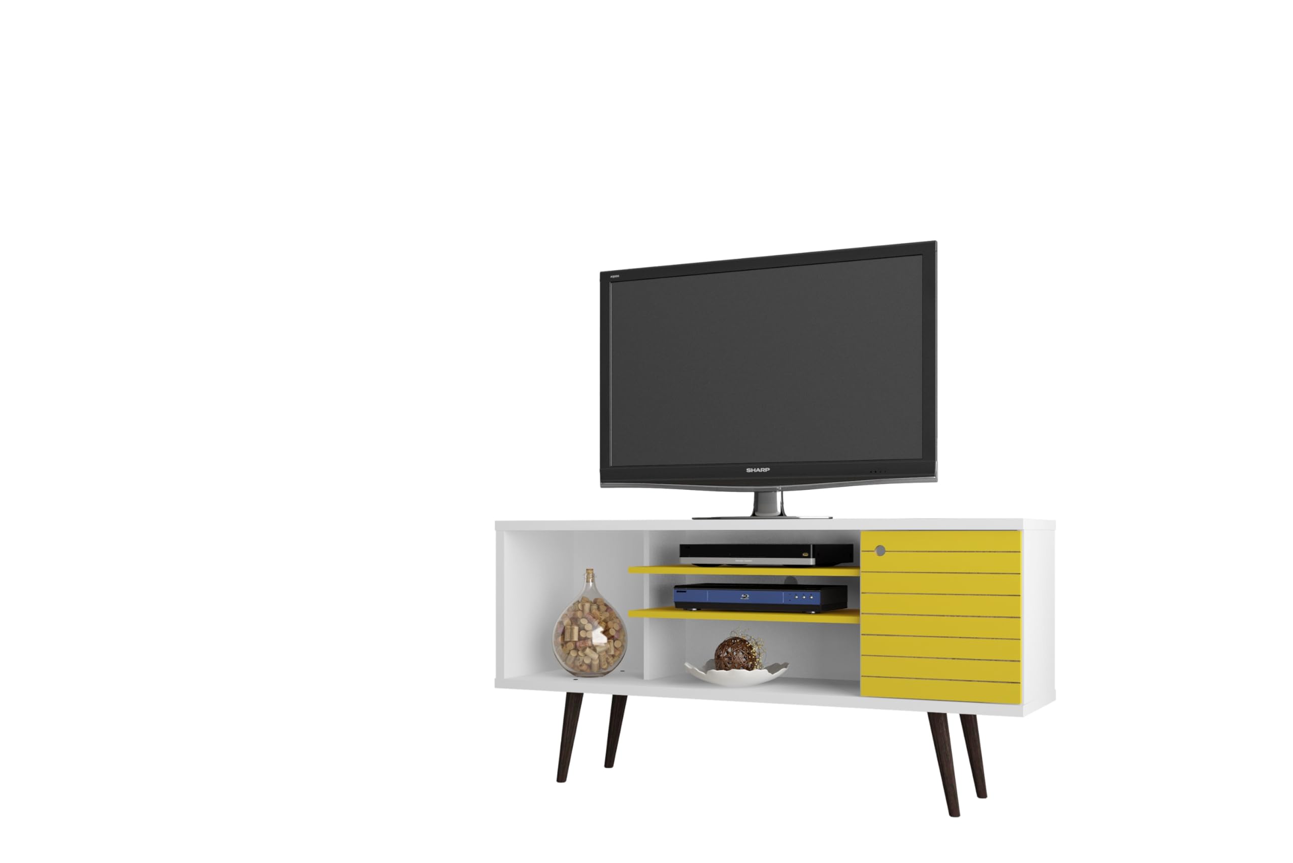 Liberty 53.14 Mid Century - Modern TV Stand  with 5 Shelves and 1 Door in White and Yellow with Solid Wood Legs