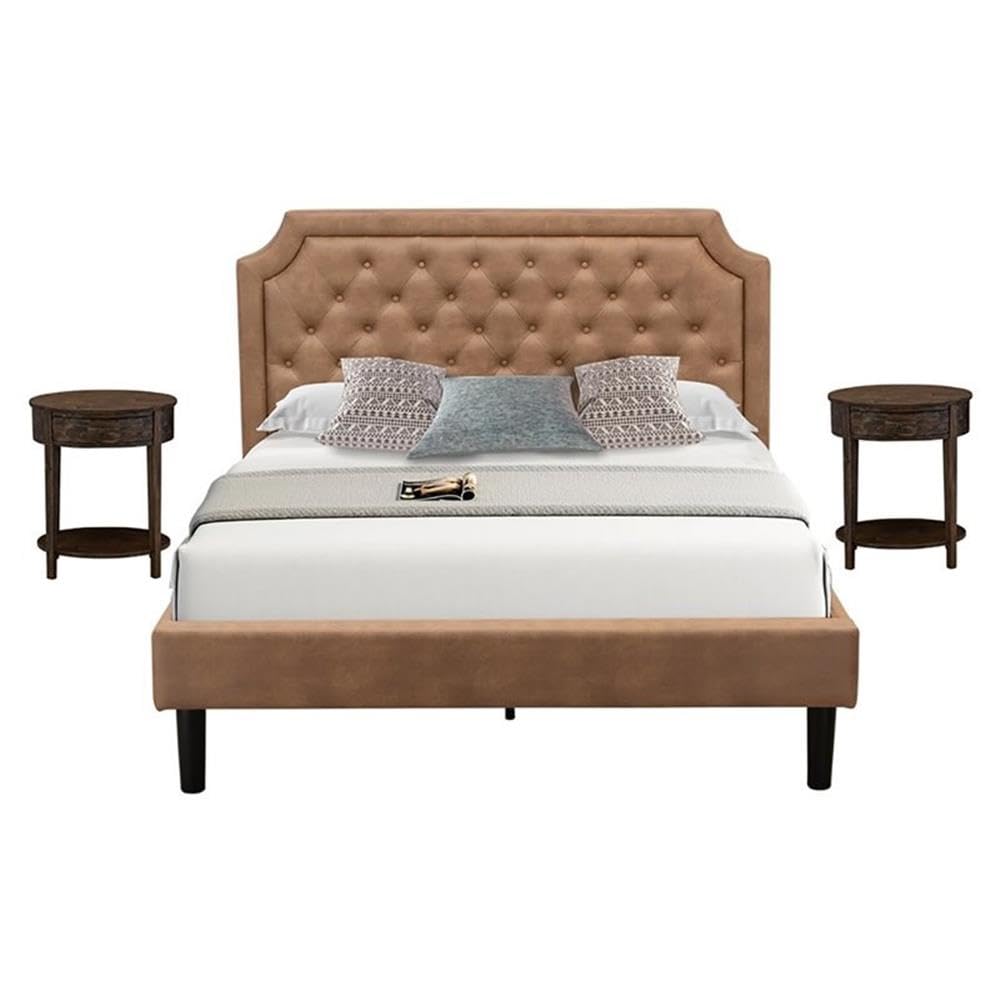 GB28Q-2HI07 3-Pc Wooden Set for Bedroom with Button Tufted Queen Bedframe and 2 Distressed Jacobean End Tables for bedroom - Brown Faux Leather with Brown Texture and Black Legs