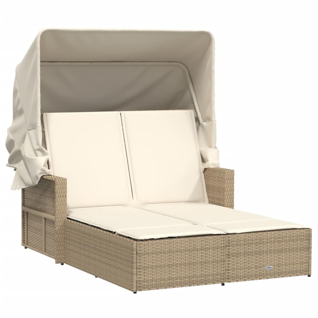 Vidaxl Beige Double Sun Lounger With Canopy And Cushions - Outdoor Poly Rattan Patio Day Bed With 2-Position Backrest And Uv Protection