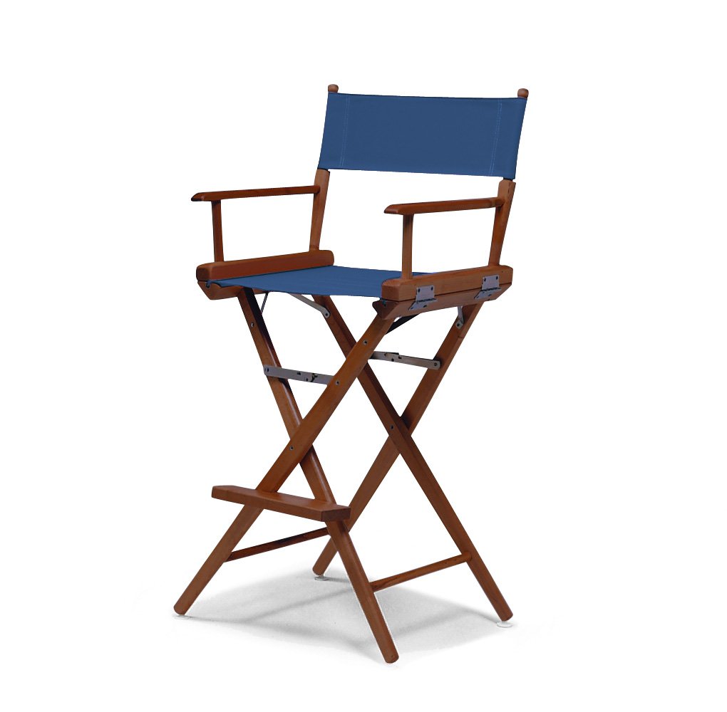 Telescope Casual World Famous Bar Height Director Chair With Walnut Stain Finish and Blue Fabric