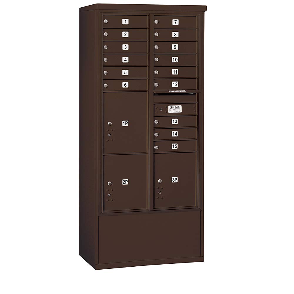 Maximum Height Free-Standing 4C Horizontal Mailbox with 15 Doors and 3 Parcel Lockers in Bronze with USPS Access