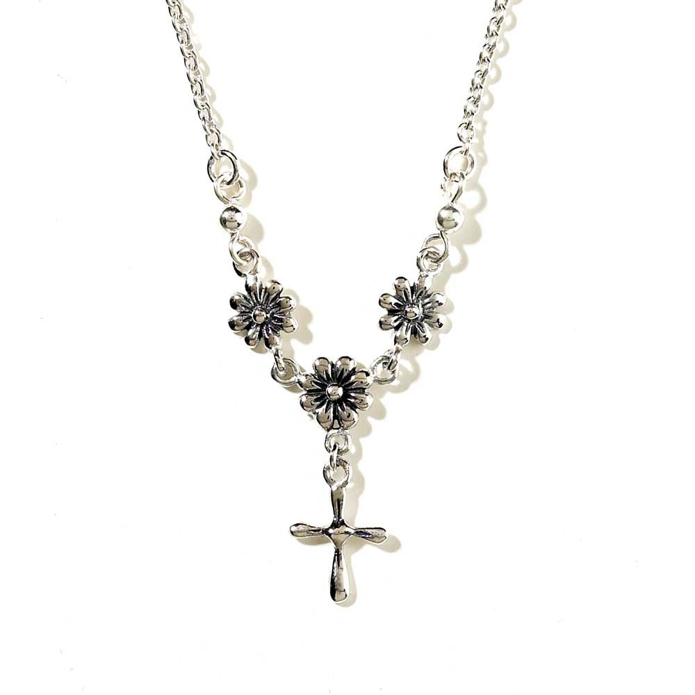 Silver Plated Cross With Flowers Necklace