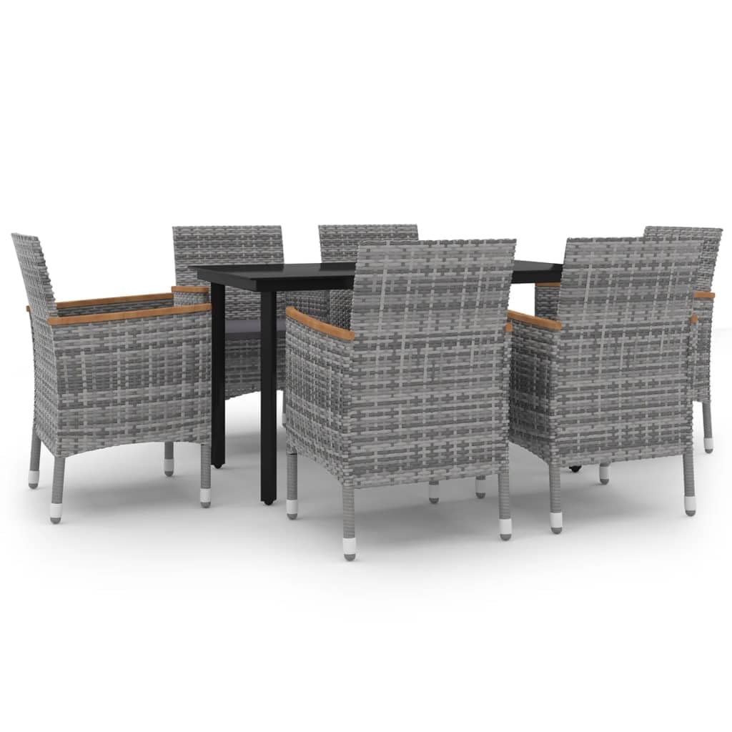 vidaXL 7 Piece Patio Dining Set with Cushions Poly Rattan and Glass