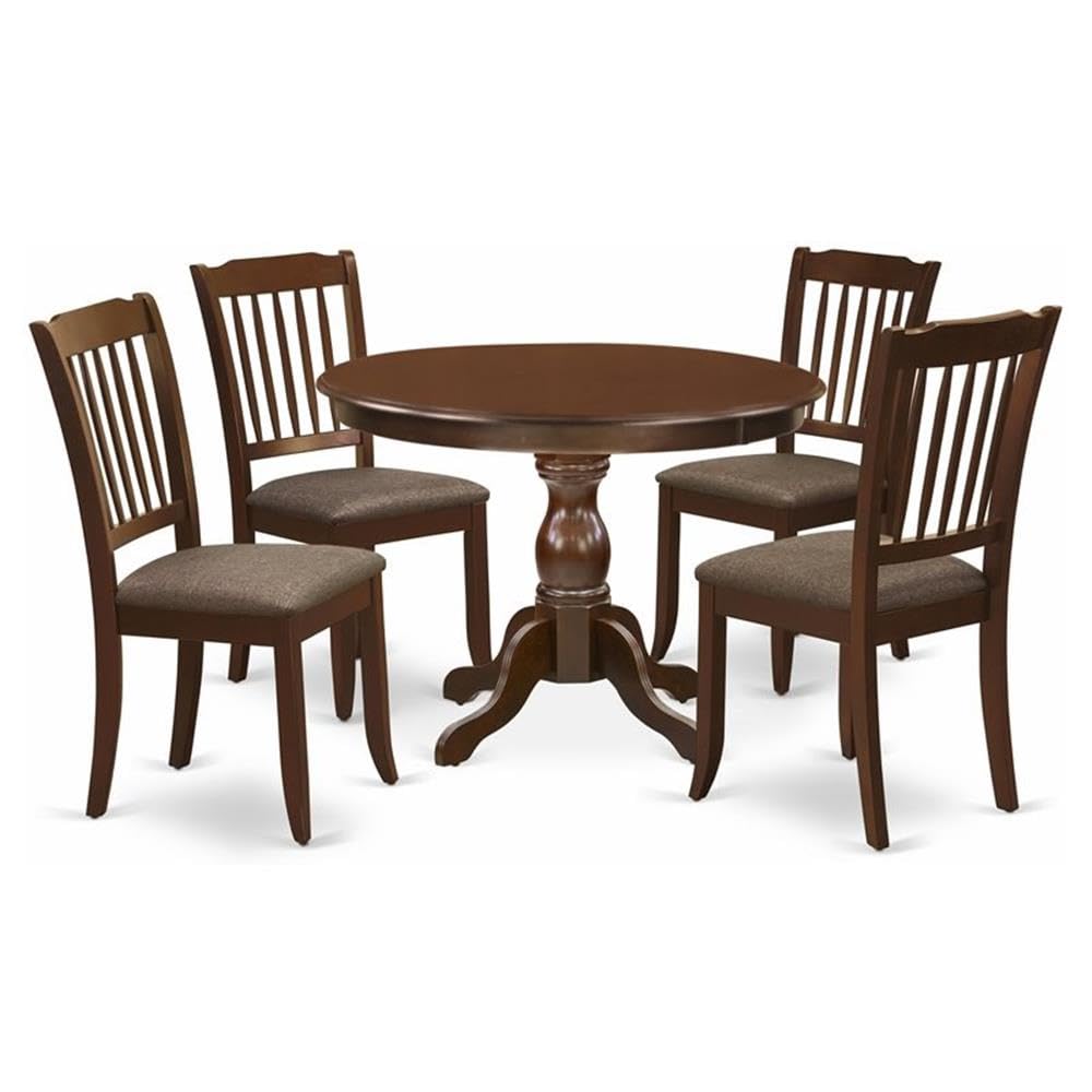 East West Furniture HBDA5-MAH-C 5 Piece Dining Room Table Set - Mahogany Dinning Table and 4 Mahogany Linen Fabric Dining Chairs with Slatted Back - Mahogany Finish