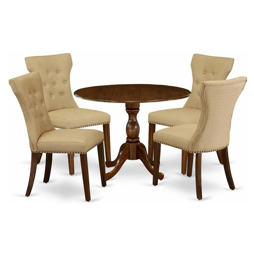 East West Furniture DMGA5-AWA-03 5 Piece Wood Dining Table Set Contains 1 Drop Leaves Dining Table and 4 Brown Linen Fabric Kitchen Chair Button Tufted Back with Nail Heads - Acacia Walnut Finish
