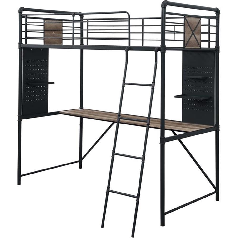 38310 Twin Loft Bed w/Desk - Headboard, Footboard, Ladder, Slat, Guard Rail, Desk - Antique Oak, Sandy Black & Dark Bronze Hand-Brushed Finish