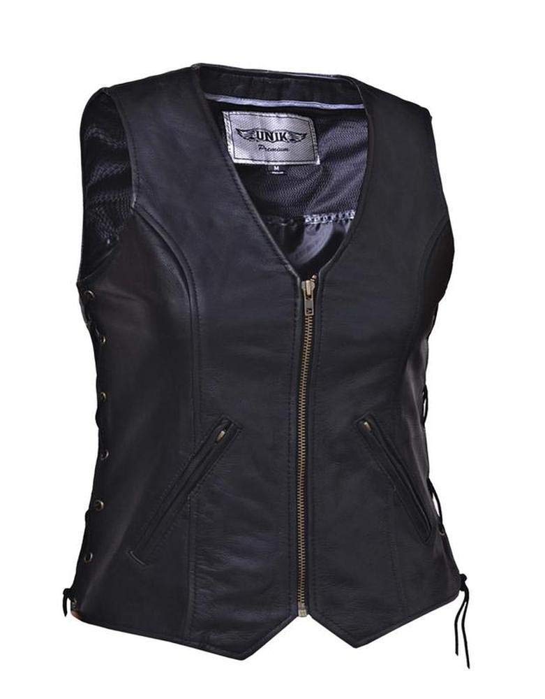 Ladies Premium Leather Motorcycle Zippered Vest,Black,Size - XL