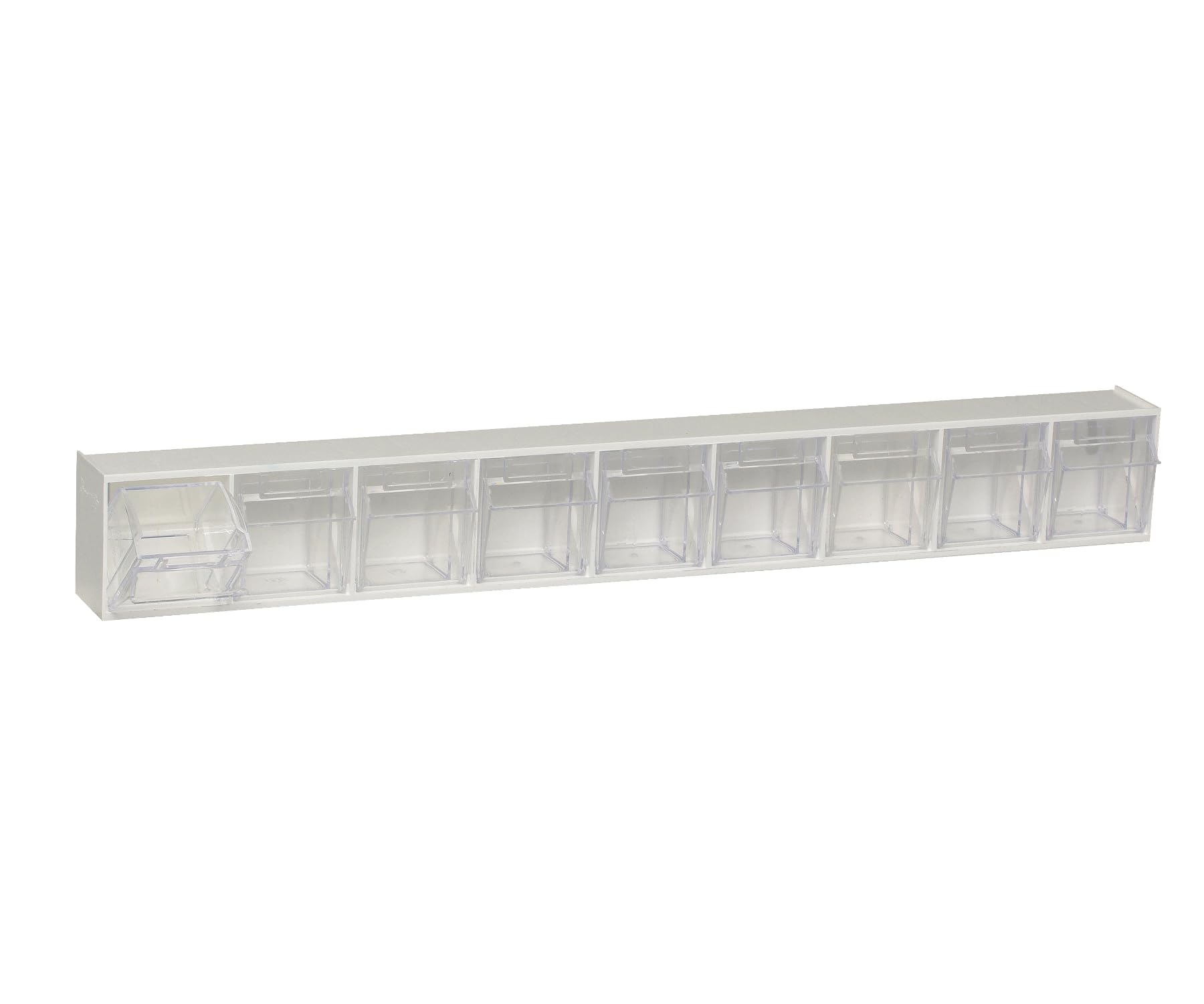 Tip Out Bin, (9) compartment, handle with label slot, opens to a 45 angle, plastic clear container, polystyrene white cabinet, Made in USA