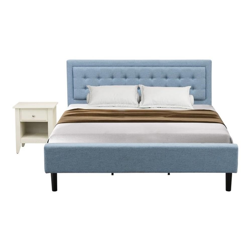 FN11K-1GA0C 2-Piece Fannin Bed Set with 1 King Frame and a Wire Brushed Butter Cream Mid Century Modern Nightstand - Reliable and Sturdy Construction - Denim Blue Linen Fabric Bed