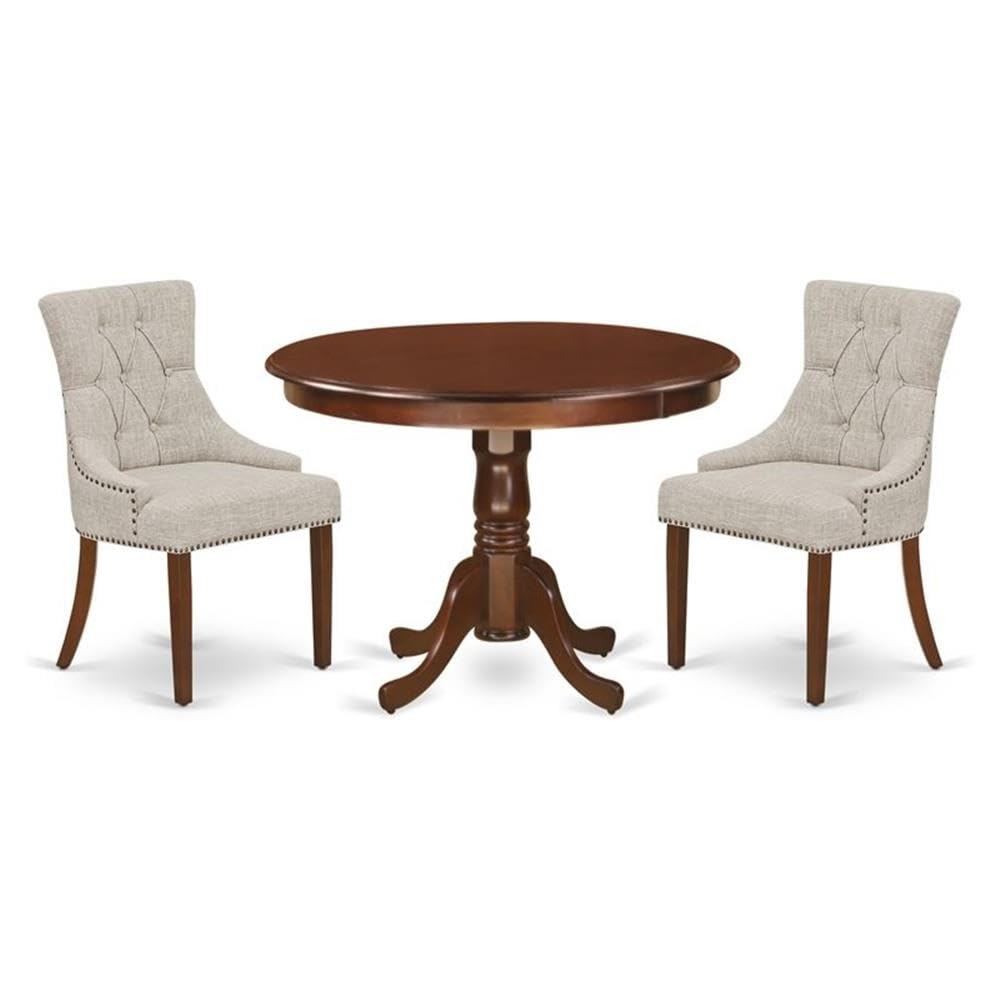 East West Furniture HLFR3-MAH-05 3 Piece Dinette Set for Small Spaces Contains a Round Dining Table with Pedestal and 2 Doeskin Linen Fabric Upholstered Chairs, 42x42 Inch, Mahogany