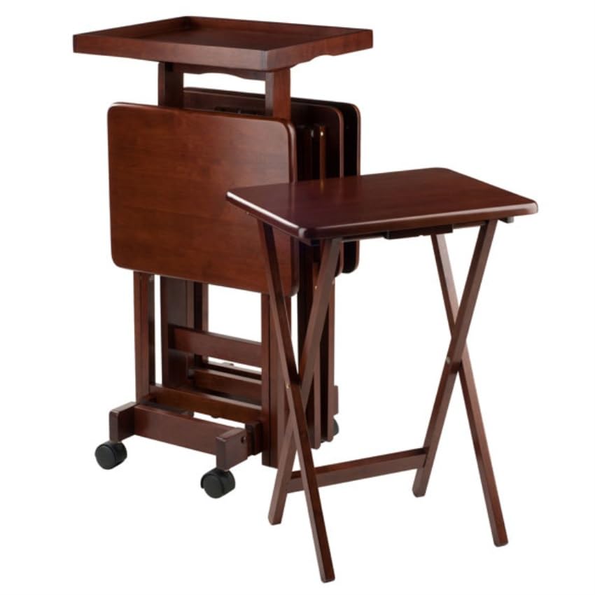 Casafoyer 5-Piece Oversize Walnut Wooden Snack Table Set: Foldable Rectangular Tray Tables for Snacks, Beverages and More