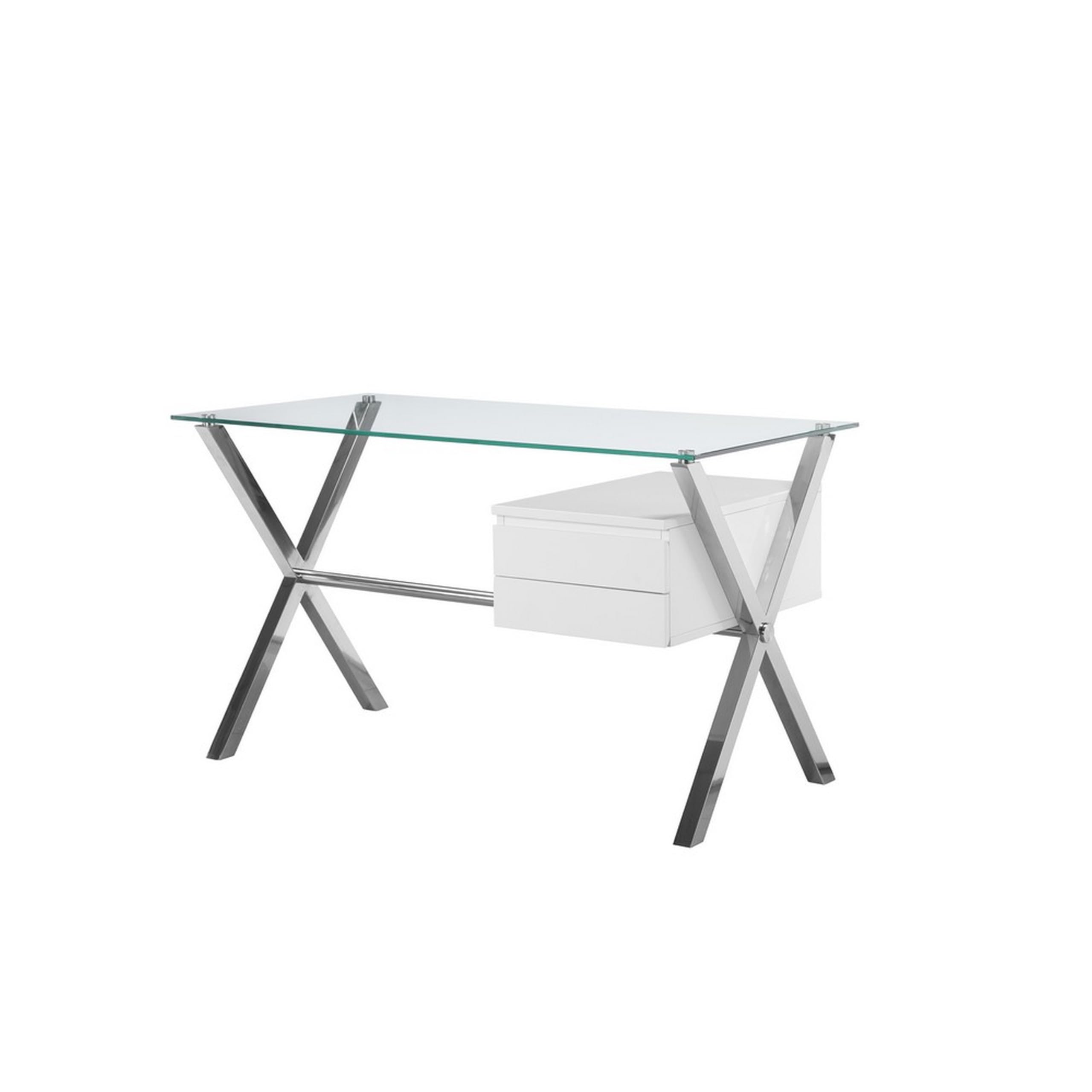 Tia 51 Inch Small Office Desk, Glass Tempered Top, 2 Drawers, White Finish