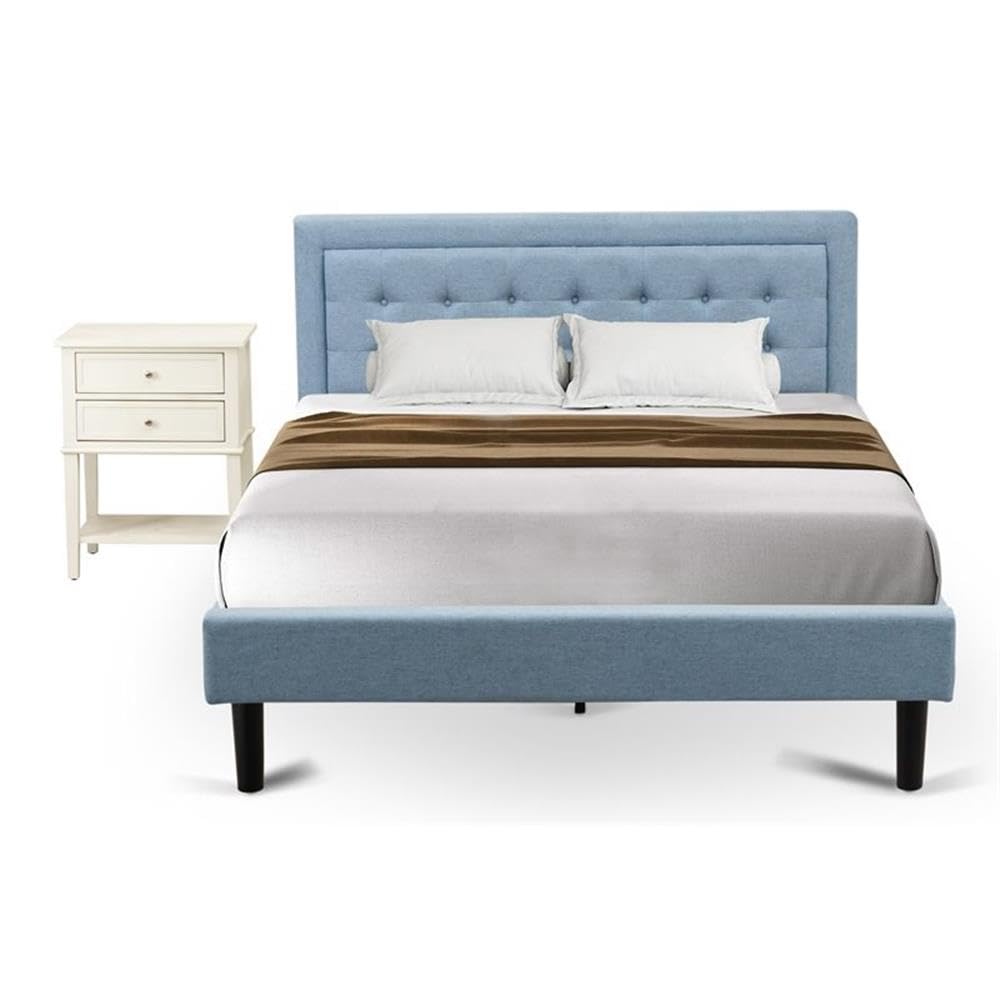 FN11Q-1VL0C 2-Piece Platform Queen Bed Set Furniture with 1 Queen Wood Bed Frame and a Night Stand for Bedrooms - Reliable and Sturdy Manufacturing - Denim Blue Linen Fabric