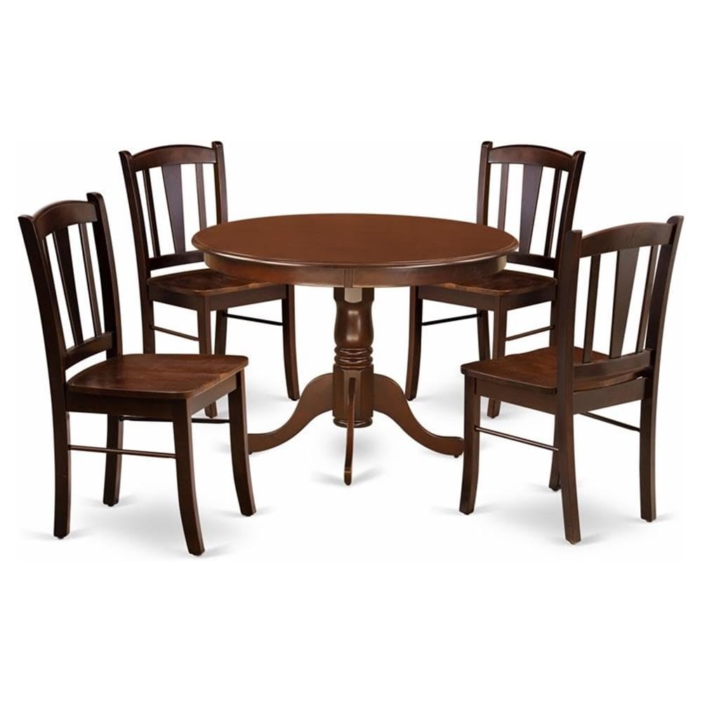 East West Furniture - HLDL5-MAH-W - 5-Pc Kitchen Dining Room Set- 4 Kitchen Chair and Modern Kitchen Table - Wooden Seat and Slatted Chair Back - Mahogany Finish