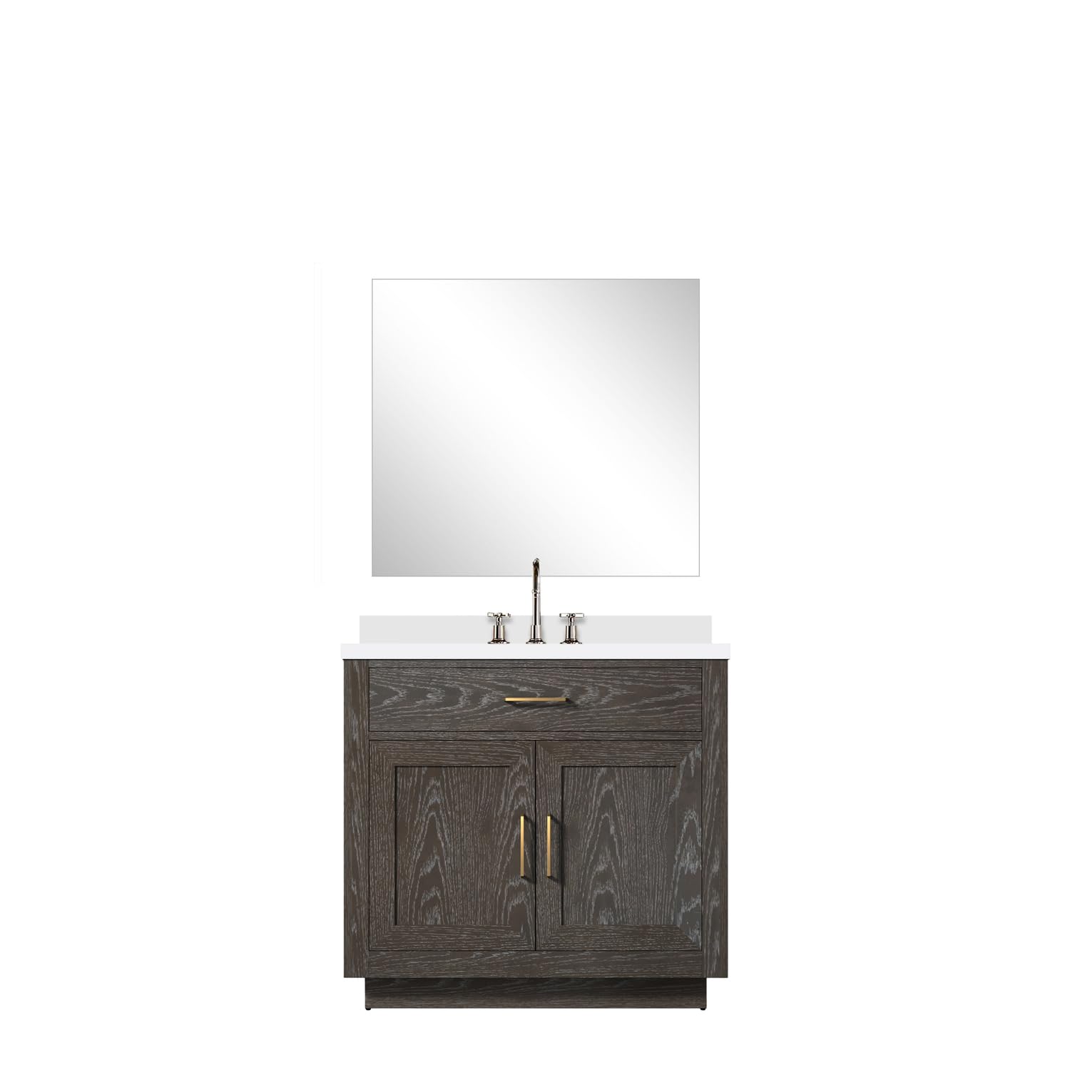 Abbey 36 in W x 22 in D Brown Oak Single Bath Vanity Cultured Marble Countertop, 34 in Mirror and Faucet Set