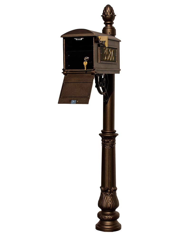 Lewiston Equine Mailbox Post System with Locking Insert, ornate base, pineapple finial and 3 cast aluminum personalized address plates, Bronze