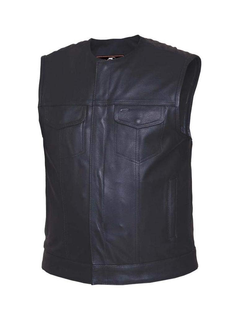 Mens Premium SOA Style Collarless Leather Club Vest,Black,Size - 4XL