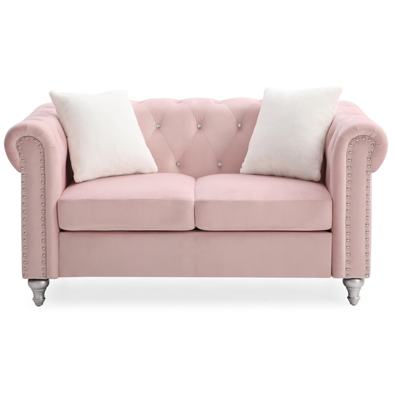Raisa 60 in. Pink Velvet 2-Seater Sofa with 2-Throw Pillow