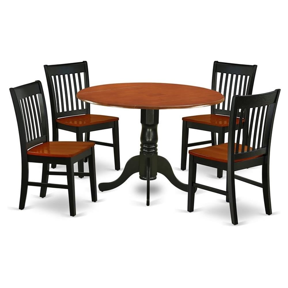 East West Furniture Dublin 5 Piece Dining Set for 4 Includes a Round Kitchen Table with Dropleaf and 4 Dinette Chairs, 42x42 Inch, DLNO5-BCH-W