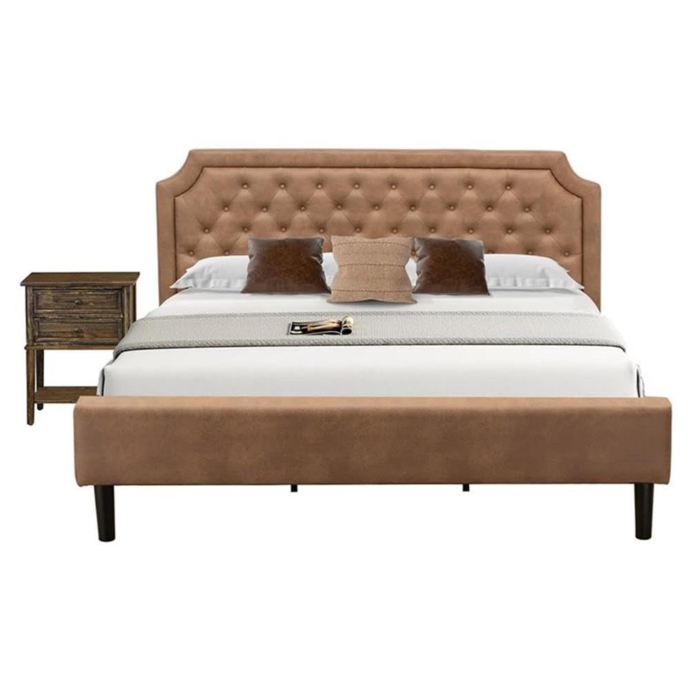 GB28K-1VL07 2-Piece Platform Wooden Set for Bedroom with a Bed Frame and 1 Distressed Jacobean Mid Century Nightstand - Brown Faux Leather with Brown Texture and Black Legs