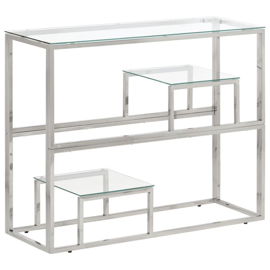 Vidaxl Silver Console Table With Tempered Glass Top - Modern Stainless Steel Sofa Table For Entryway, Hallway Decor, Living Room Display - 35.4' X 11.8' X 27.6'
