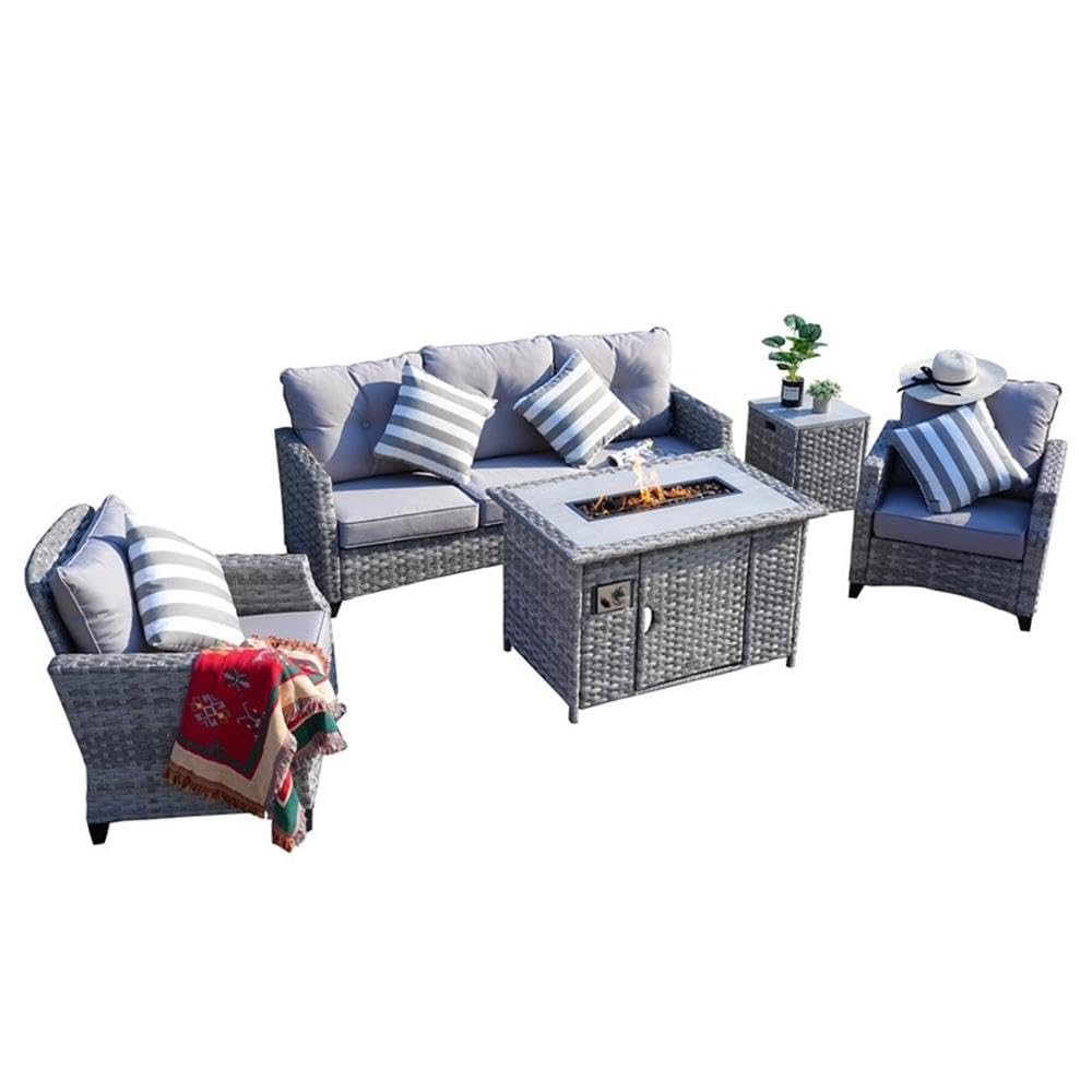 5-Piece Outdoor Wicker Patio Sofa Set with Gas Fire Pit Table, Burner System and Cushions