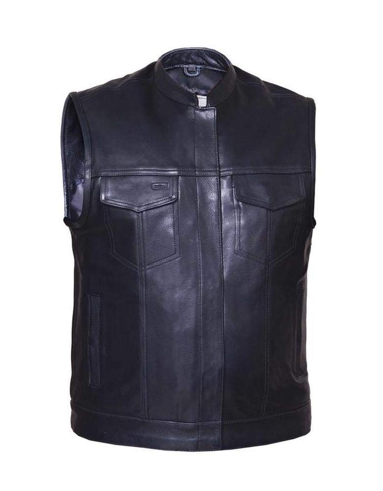 Mens Ultra SOA Style Collared Leather Club Vest,Black,Size - 2XL