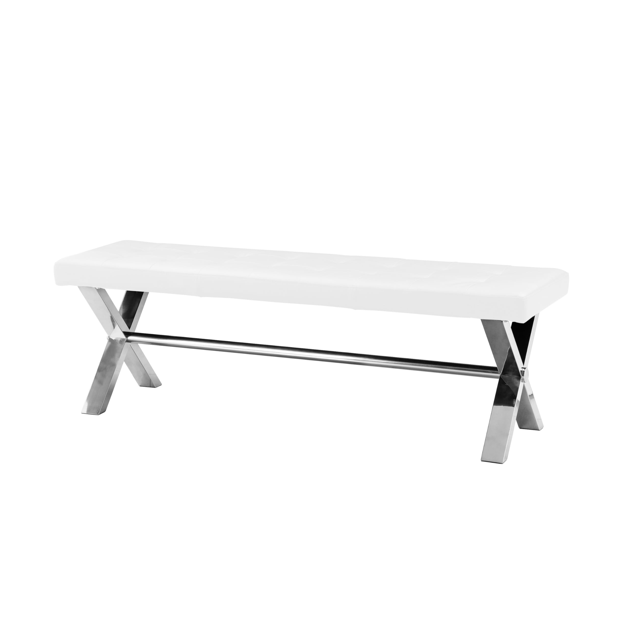 Tia 55 Inch Accent Bench, Tufted White Faux Leather, X Chrome Steel Legs