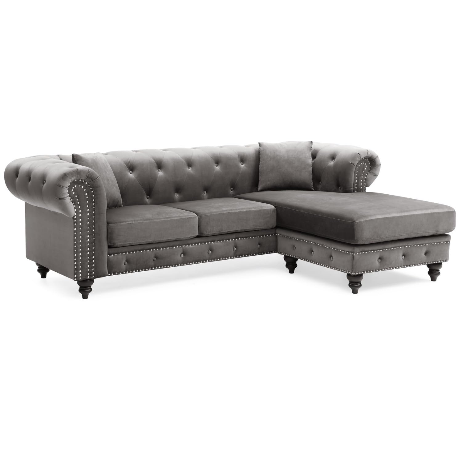 Nola 98 in. Dark Gray Velvet L-Shape 3-Seater Sofa with 2-Throw Pillow