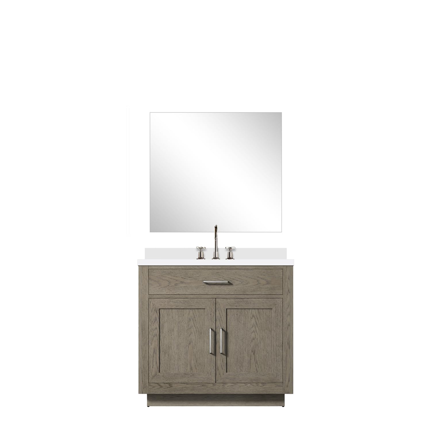 Abbey 36 in W x 22 in D Grey Oak Single Bath Vanity Cultured Marble Countertop, 34 in Mirror and Faucet Set
