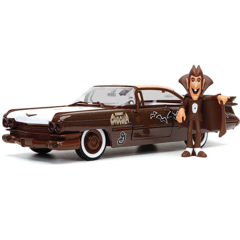 1959 Cadillac Coupe DeVille Brown and White with Graphics and Count Chocula Diecast Figurine Hollywood Rides Series 1/24 Diecast Model Car by Jada