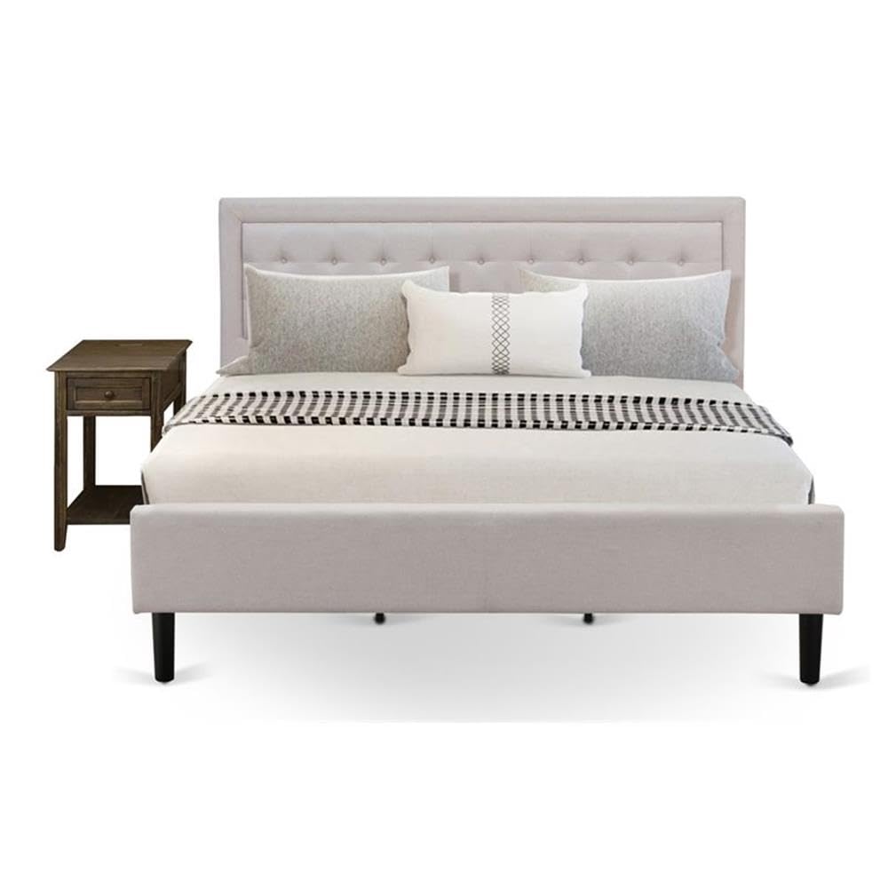 FN08K-1DE07 2-Piece Platform King Bedroom Set with 1 Platform Bed and 1 Bedroom Nightstand - Reliable and Sturdy Manufacturing - Mist Beige Linen Fabric