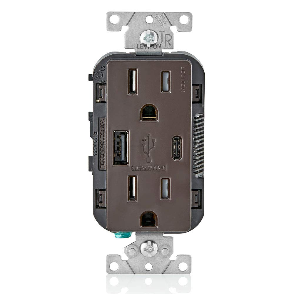 Leviton T5633-B 15-Amp Type A & Type-C Usb Chargertamper Resistant Outlet, Not For Laptops, Brown