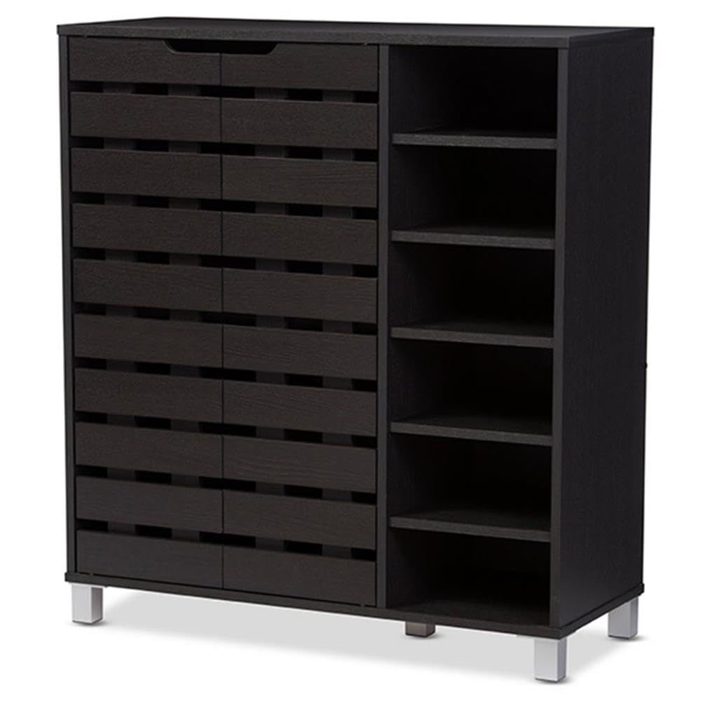 Baxton Studio Shirley Modern and Contemporary Dark Brown Wood 2-Door Shoe Cabinet with Open Shelves