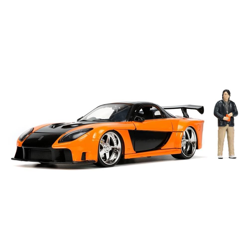 1995 Mazda RX-7 Widebody RHD (Right Hand Drive) Orange Metallic and Black with Han Diecast Figurine The Fast and the Furious: Tokyo Drift (2006) Movie 1/24 Diecast Model Car by Jada
