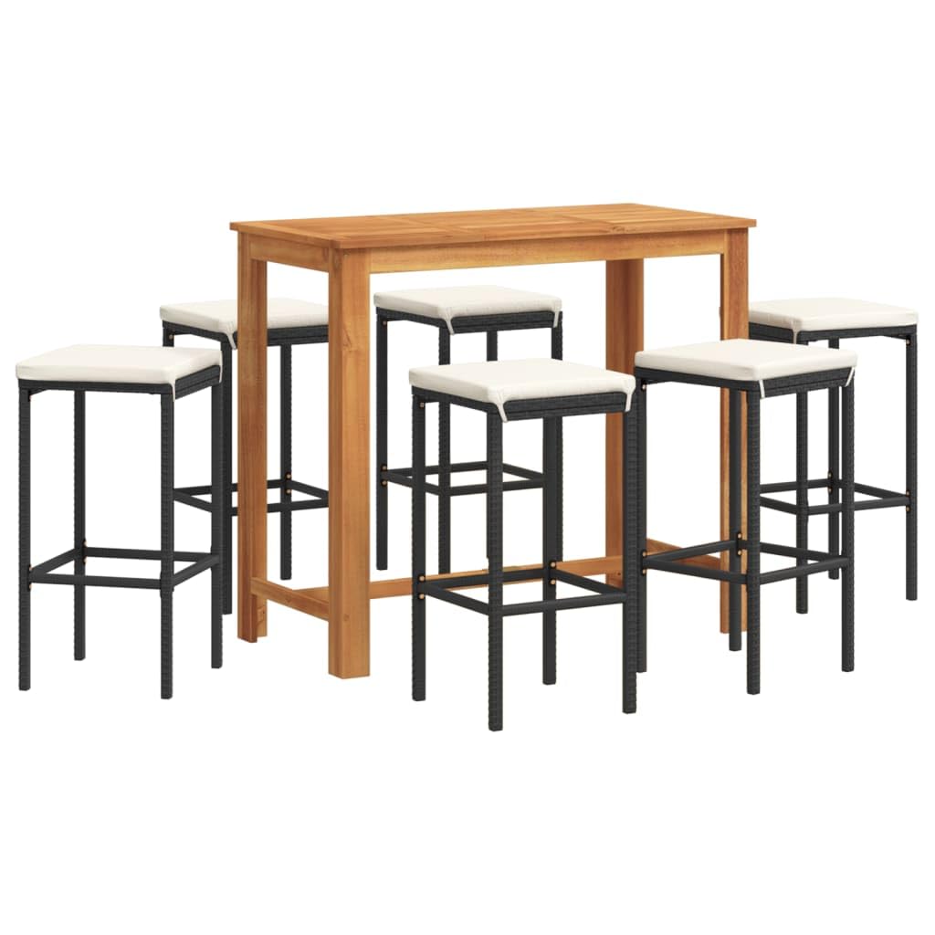 Vidaxl 7-Piece Outdoor Patio Bar Set - Black Pe Rattan And Solid Acacia Wood Table - Weather-Resistant With Removable Cushions, 3295286