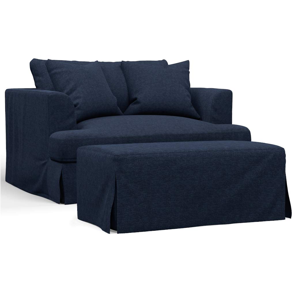 Sunset Trading Newport Slipcovered 52 Wide Chair and A Half with Ottoman | Stain Resistant Performance Fabric | 2 Throw Pillows | Navy Blue"
