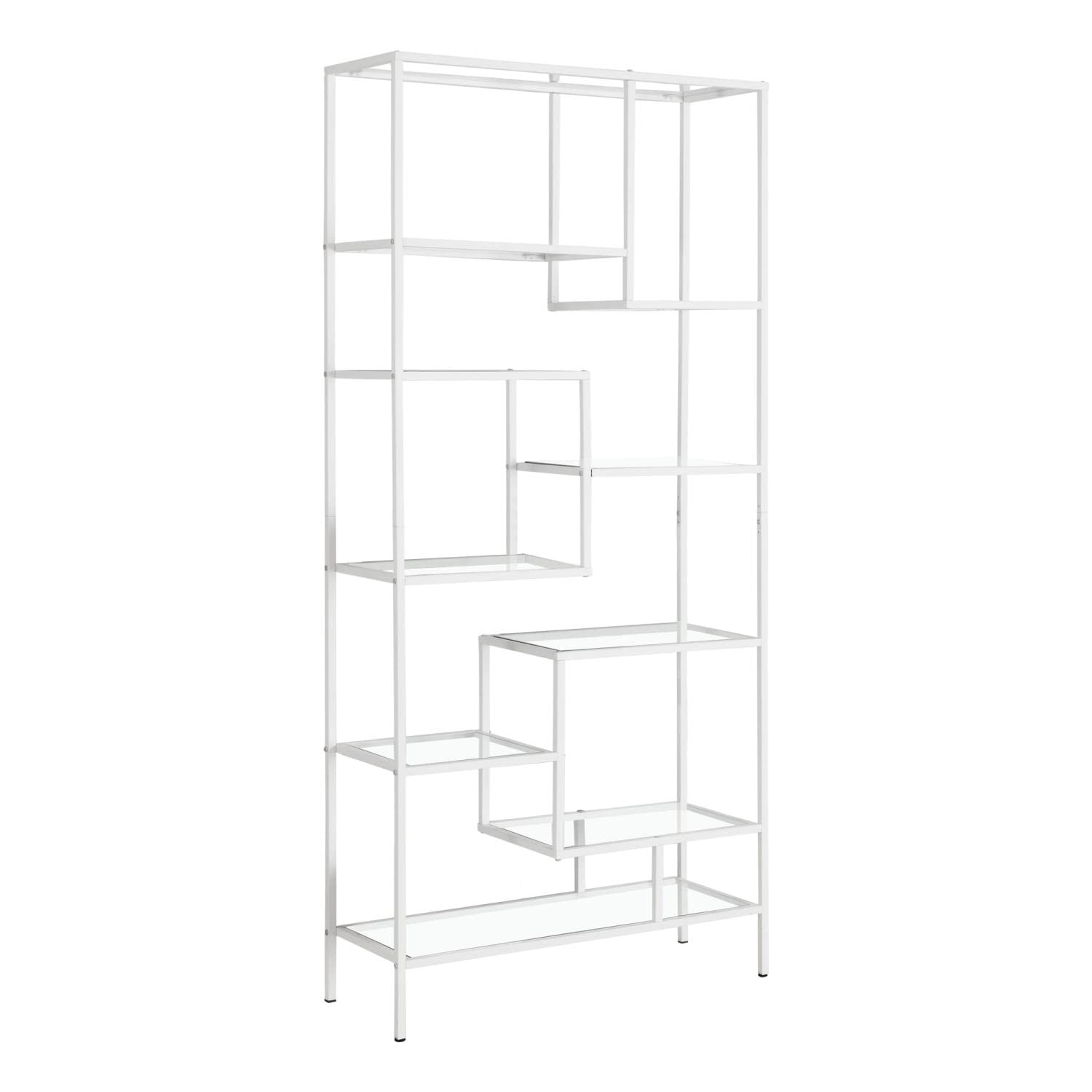 Monarch Specialties 7159 Bookshelf, Bookcase, Etagere, Office, Bedroom, Metal, Tempered, Contemporary, Modern Bookcase-72, 32' L X 12' W X 72' H, White/Clear Glass