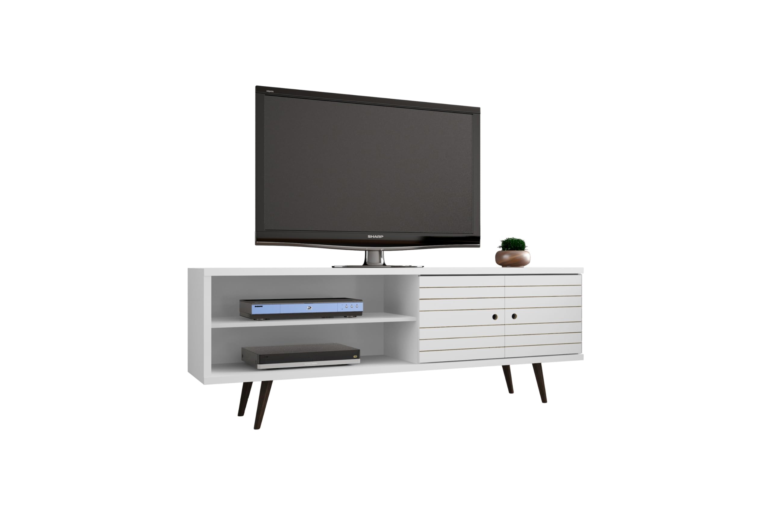 Liberty 62.99 Mid Century - Modern TV Stand with 3 Shelves and 2 Doors in White  with Solid Wood Legs