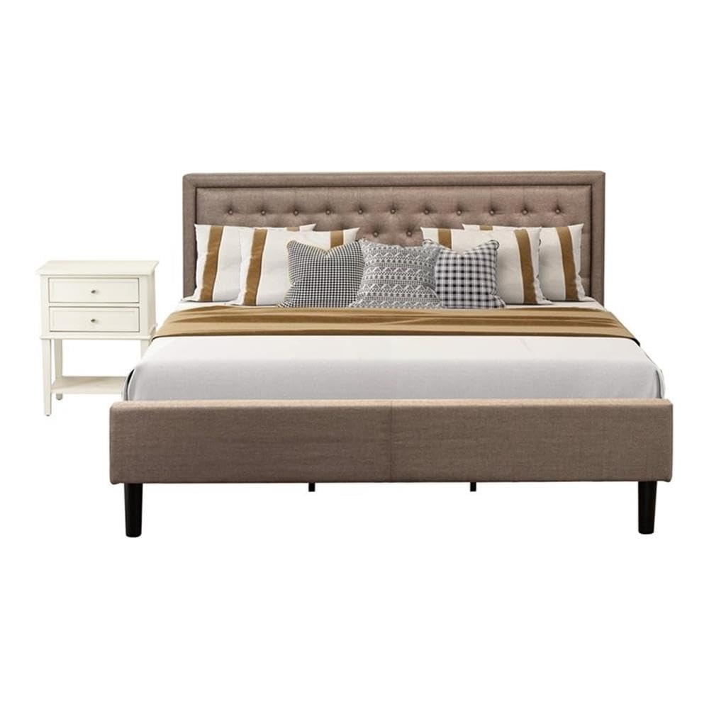 KD16K-1VL0C 2 Piece Bed Set - Wooden Bed Dark Khaki Headboard with 1 Bedroom Nightstand - Black Finish Legs