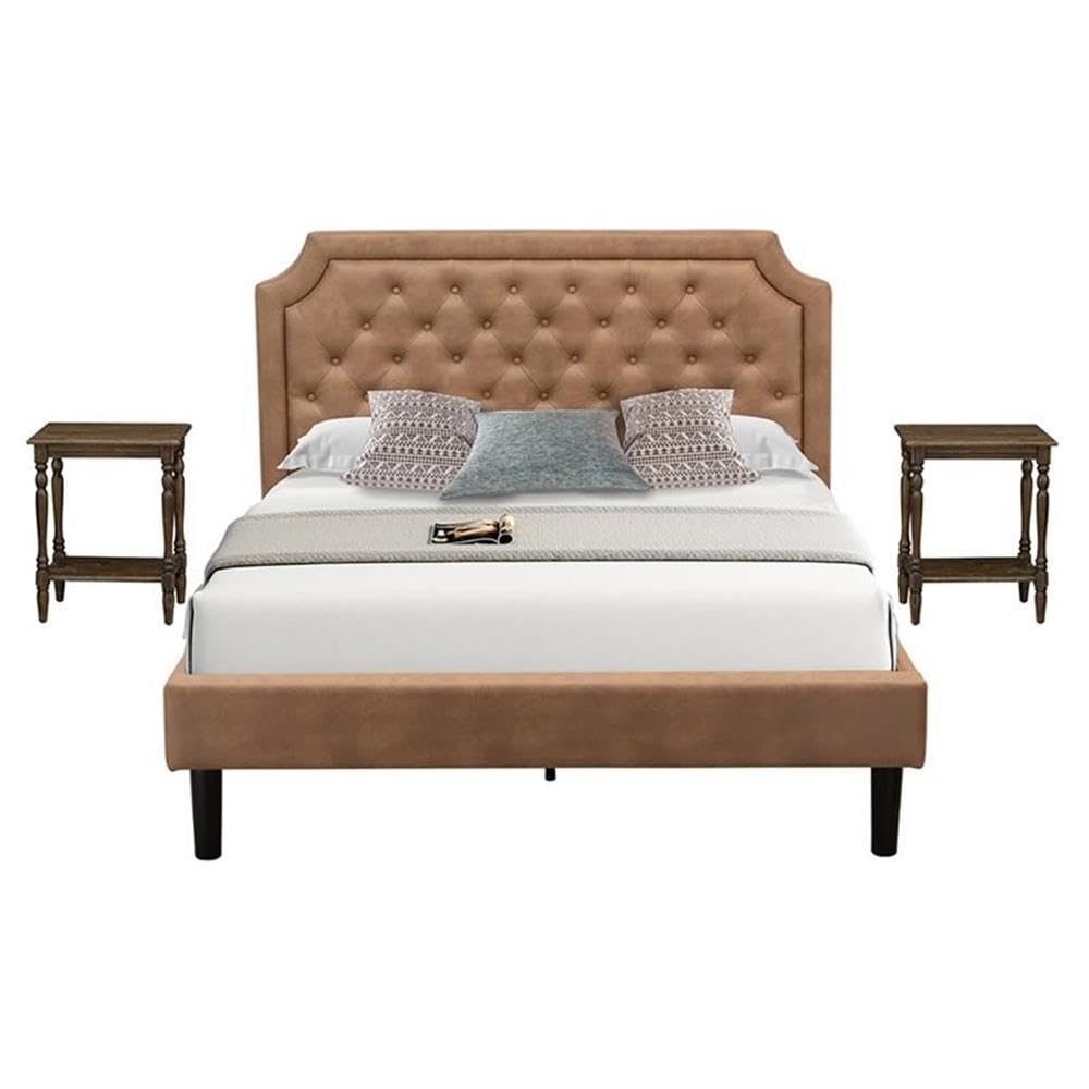 GB28Q-2BF07 3-Pc Wooden Set for Bedroom with Button Tufted Queen Size Frame and 2 Distressed Jacobean Nightstands - Brown Faux Leather with Brown Texture and Black Legs
