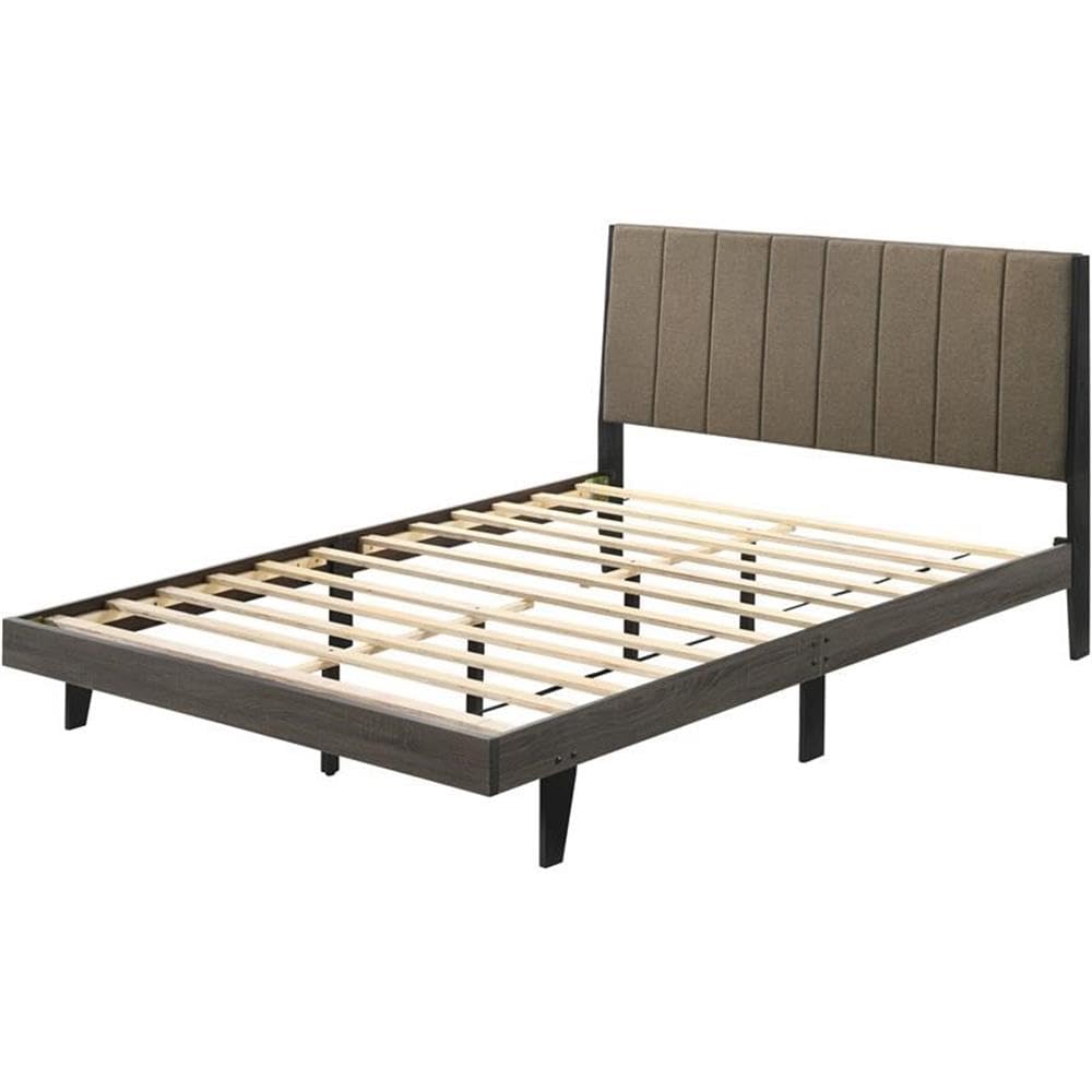 BD00571Q - Queen Bed, Brown Fabric & Weathered Gray Finish - Valdemar
