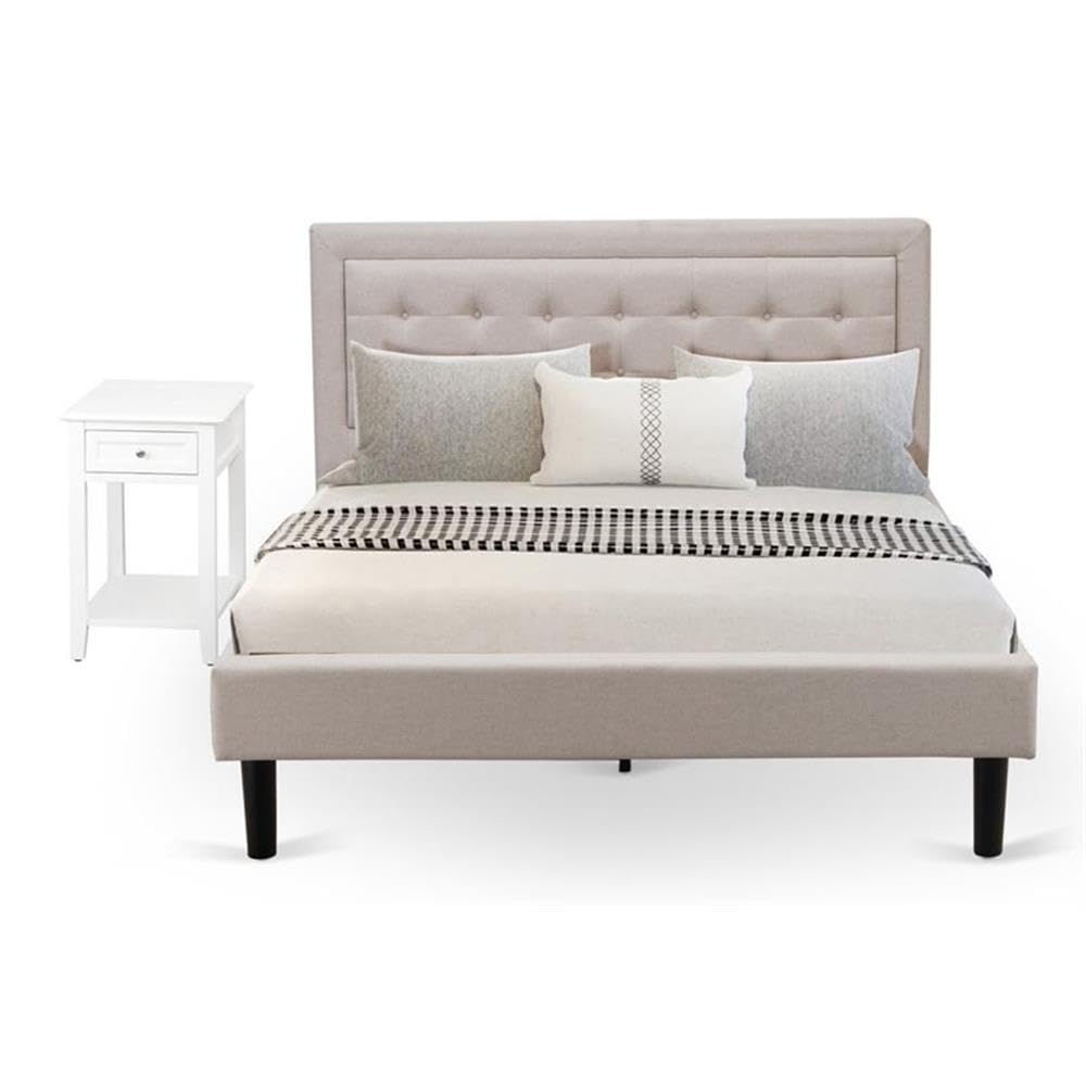 FN08Q-1DE05 2-Piece Fannin Queen Bed Set Furniture with 1 Modern Bed and a Bedroom Nightstand - Reliable and Sturdy Manufacturing - Mist Beige Linen Fabric