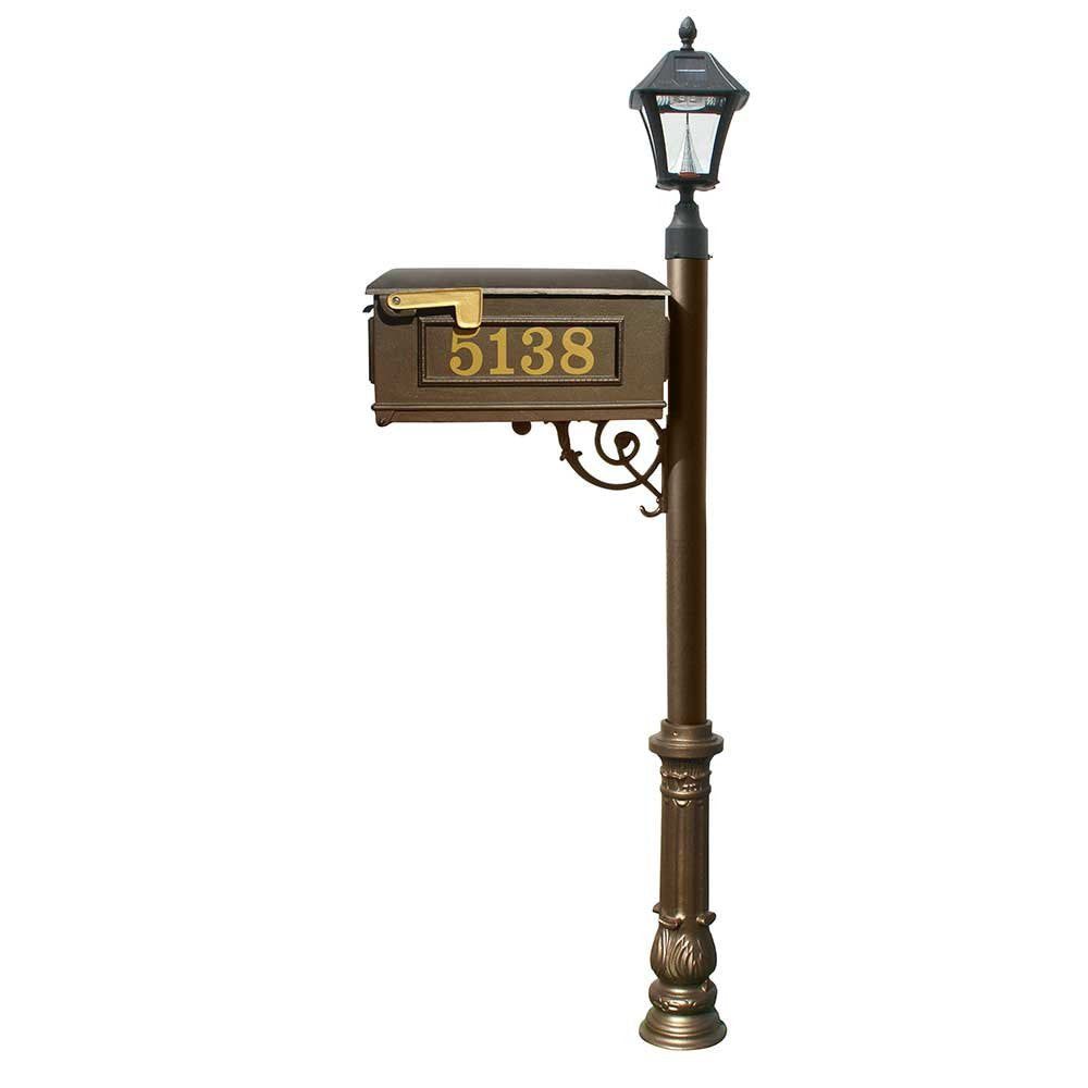 Mailbox, Post in bronze color, w/ Vinyl numbers on mailbox, bronze support brace, bronze ornate base, and black Bayview solar lamp